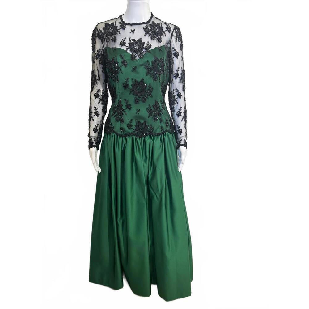 VTG 1980s Oleg Cassini Sz 8 Emerald Lace Beaded Formal Christmas Party Dress